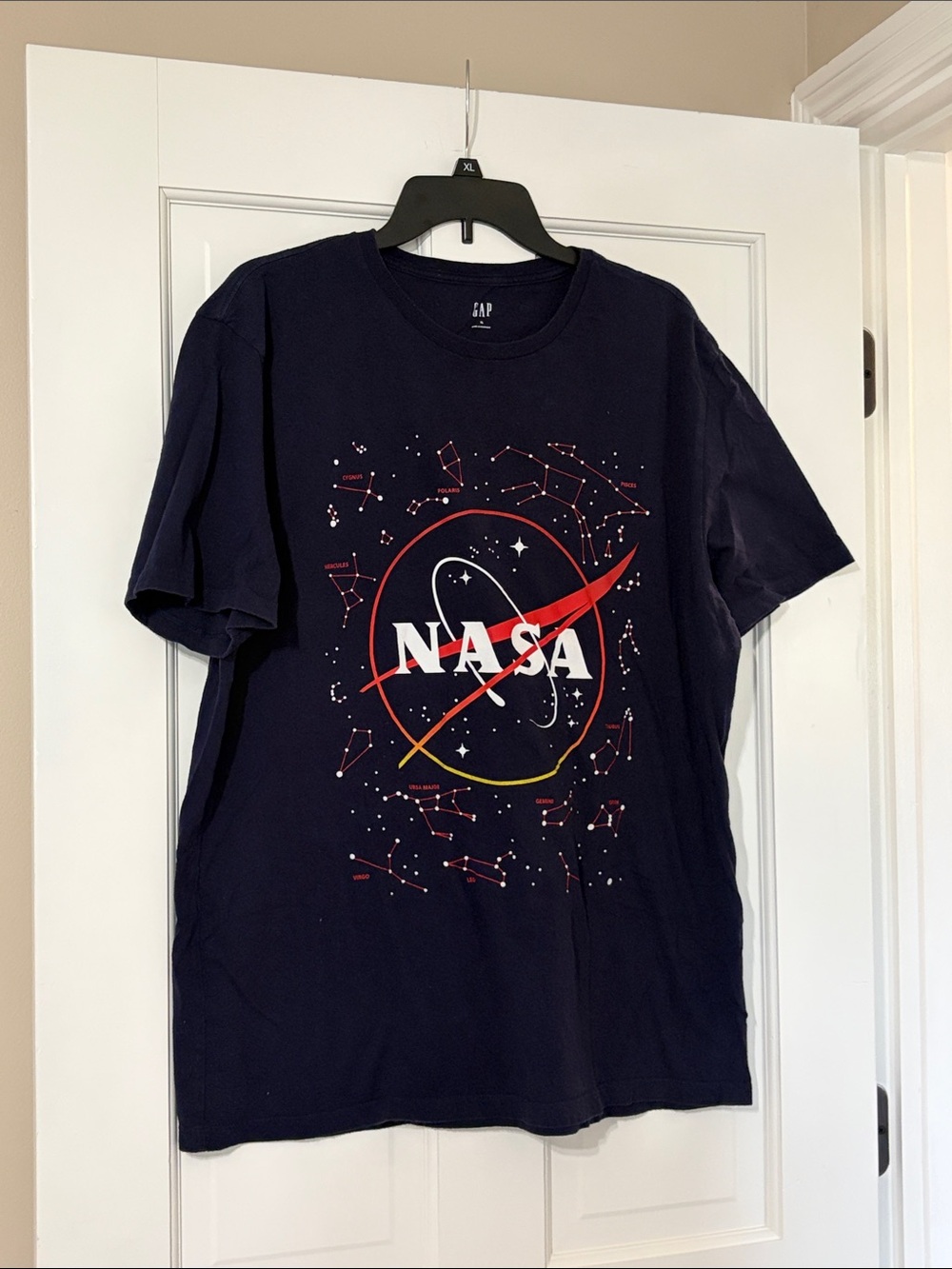 GAP Navy NASA Constellation Graphic Tee with Red and Yellow Accents